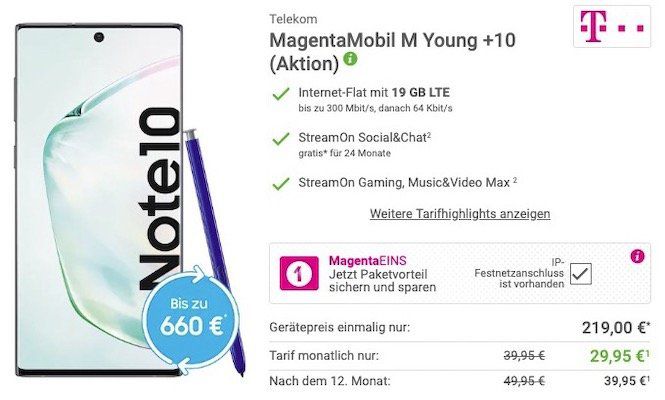 Junge Leute mit Magenta1: Samsung Galaxy Note 10 für 219€ + Telekom Flat mit 19GB LTE für 34,95€ mtl.