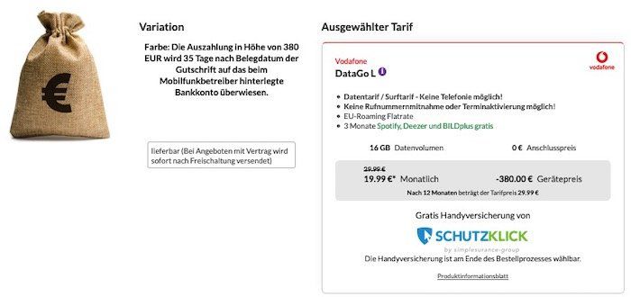 Vodafone Data Go L mit 16GB LTE (bis 500 Mbit/s) für 19,99€ mtl. (dank Auszahlung eff. 9,16€) + gratis 5Ah Powerbank