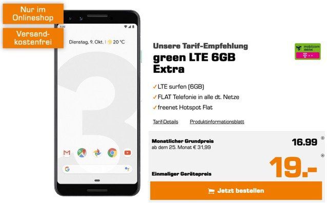 🔥 Google Pixel 3 für 19€ (statt 500€) + Vodafone oder Telekom Allnet Flat mit 6GB LTE für 16,99€ mtl.   effektiv Gewinn!