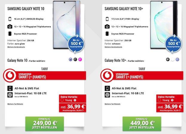 Samsung Galaxy Note 10 für 249€ oder Note 10+ für 449€ + Vodafone Flat mit 10GB LTE für 36,99€ mtl.