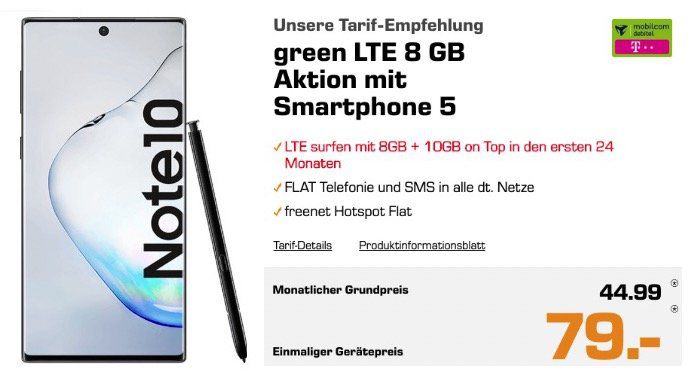 🔥 Samsung Galaxy Note 10 für 79€ + Telekom Flat von mobilcom mit 18GB LTE (!) für 44,99€ mtl.