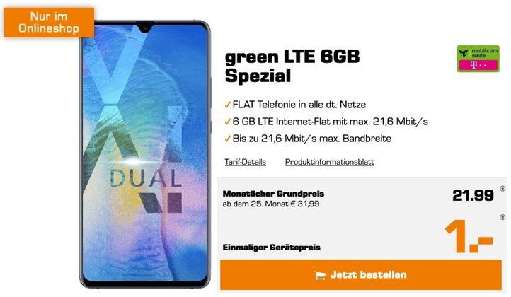 Pricedrop! Huawei Mate 20 X für 1€ + Telekom oder Vodafone Allnet Flat mit 6GB LTE für je 21,99€ mtl.