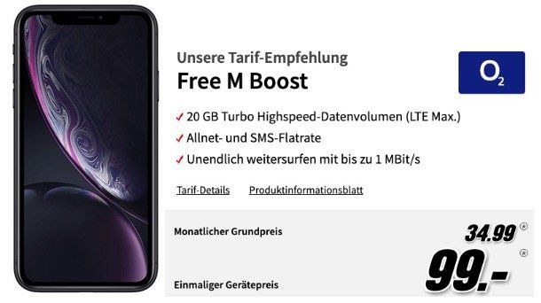 Apple iPhone XR für 99€ mit O2 Allnet Flat mit 20GB LTE 225 Mbit/s für 34,99€ mtl.