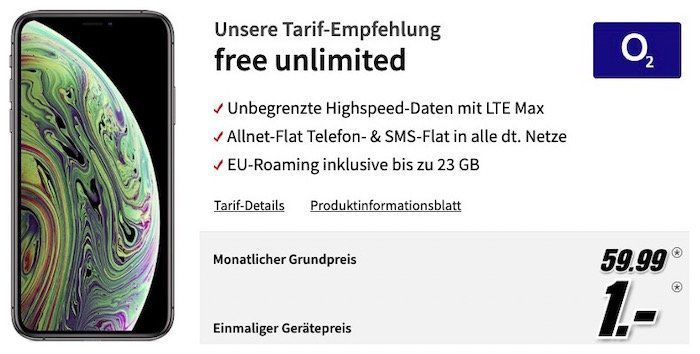iPhone XS mit 64GB für 1€ + o2 Free Unlimited mit unendlich LTE Datenvolumen für 59,99€ mtl.