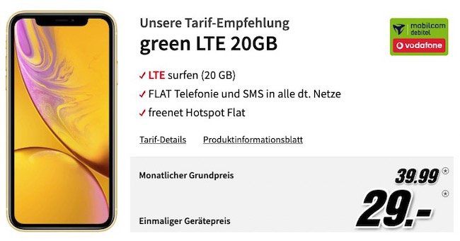 Apple iPhone XR 256GB für 29€ + Vodafone Allnet Flat mit 20GB LTE für 39,99€ mtl.