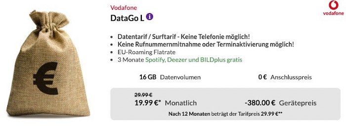 Vodafone DataGo L mit 16GB LTE für 24,99€ mtl. + 380€ Auszahlung + wireless In Ear Kopfhörer (Wert 79€)