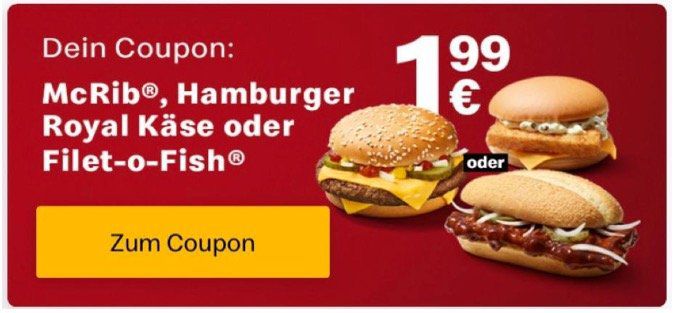 Royal Käse, Filet O Fish, McChicken, McRib oder McWrap Chicken je nur 1,99€ (statt 4€ oder mehr)