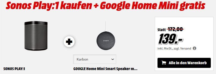 Sonos PLAY:1 WLAN Lautsprecher + Google Home Mini für 143,99€ (statt 182€)