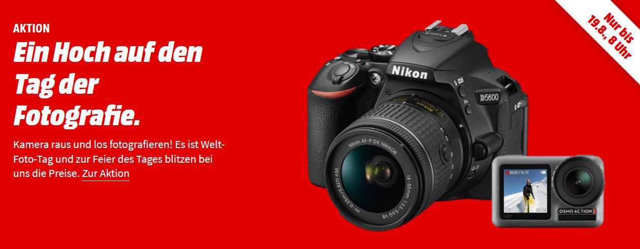 Media Markt Foto Weekend: z.B. NIKON D5600 Kit + 16 GB + Tasche für 444€ statt 539€)