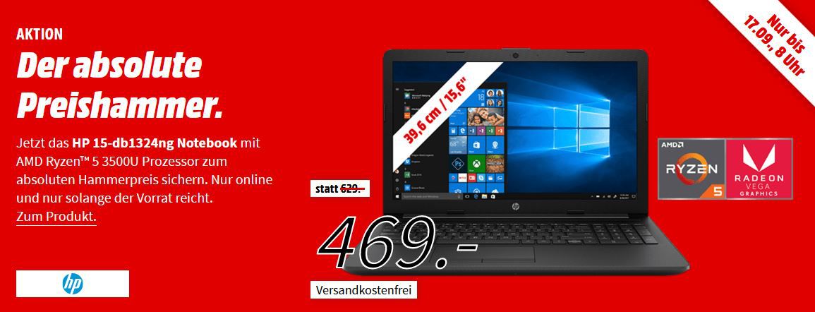 HP 15 db1324ng Notebook mit 15.6, Ryzen5, 12GB RAM, 1TB HDD, 128GB SSD, Vega8 für 469€ (statt 634€)