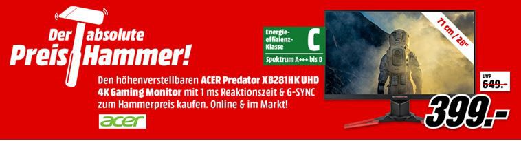 Acer Predator XB281HK   28 Zoll UHD Gaming Monitor (1ms, G SYNC, 60 Hz) ab 403,99€ (statt 479€)