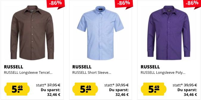 Heute keine VSK: Russell Sale mit vielen Deals   z.B. 5er Pack Herren T Shirts für 9,99€ oder Hemden für 5,49€