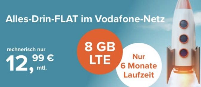 Vodafone Allnet Flat mit 8GB LTE für effektiv 12,99€ mtl. bei nur 6 Monaten Laufzeit