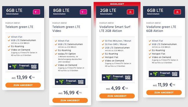 mobilcom SIM only Tarife   z.B. Telekom Flat mit 6GB LTE für 13,99€ mtl. oder Vodafone 2GB LTE nur 4,99€ mtl.