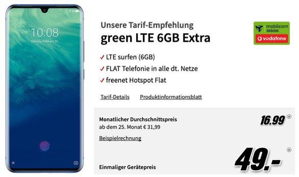 ZTE Axon 10 Pro einmalig 1€ + Vodafone Allnet Flat mit 6GB LTE für 16,99€ mtl.