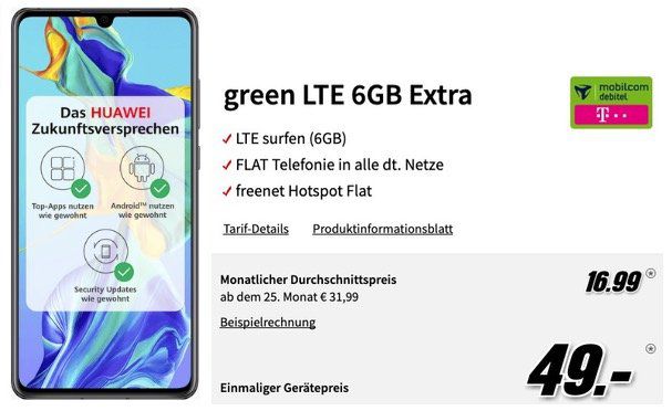 Pricedrop! Huawei P30 für 49€ + Telekom Allnet Flat mit 6GB LTE für 16,99€ mtl.