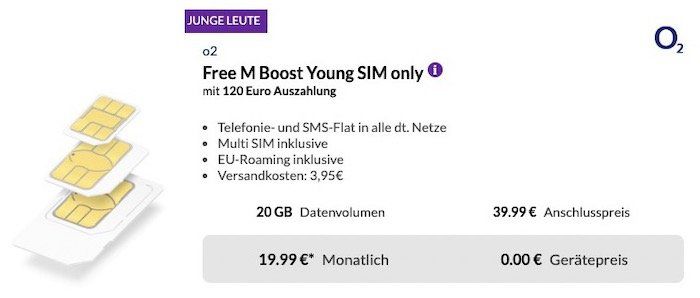 Junge Leute: o2 Allnet Flat mit 20GB LTE für 19,99€ mtl. + 120€ Cashback