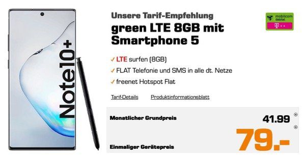 Galaxy Note 10 Plus (Wert 945€) für 79€ mit Allnet Flat im Telekom Netz mit SMS und 8GB LTE für 41,99€ mtl.