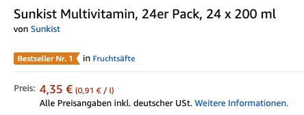 Ausverkauft! 24er Pack Sunkist Multivitamin (je 200ml) ab 4,35€ (statt 12€)