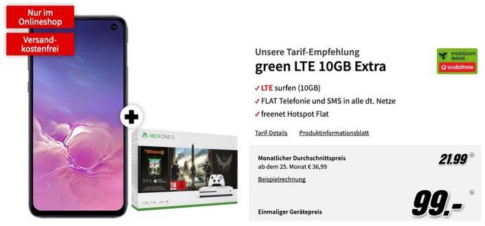 🔥 Samsung Galaxy S10e + Xbox One S Division 2 nur 99€ + Vodafone Allnet Flat mit 10GB LTE für 21,99€ mtl.