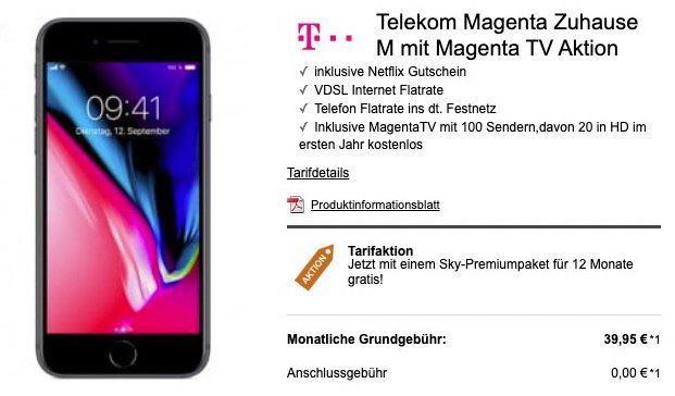 iPhone 8 für 4,99€ + Telekom VDSL (50 Mbit/s) + 1 Jahr MagentaTV + 1 Jahr Sky Paket für 39,95€ mtl.