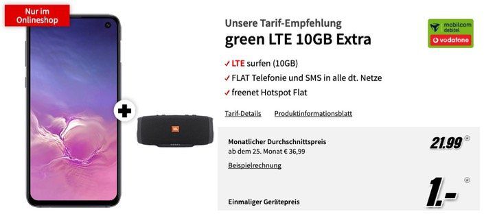 Galaxy S10e + JBL Charge 3 für 1€ + 10GB LTE Vodafone Flat für 21,99€ mtl.