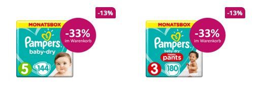 Pampers Windeln und Pants mit 33% Rabatt   z.B. Monatspackung ab 18,79€