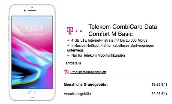 Telekom Bestandskunden: iPhone 8 für 99€ + Telekom 4GB LTE Datentarif für 19,95€ mtl.