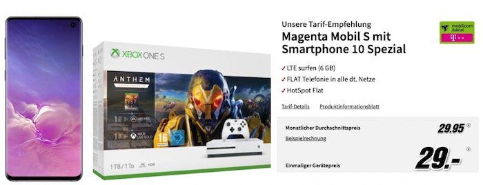 Samsung Galaxy S10 + Xbox One S Anthem Bundle nur 29€ + Telekom Flat mit 6GB LTE für rechn. 29,95€ mtl.