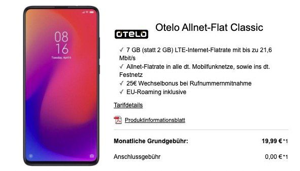 Xiaomi Mi 9T Pro für 99€ + Vodafone Flat mit 7GB LTE für 19,99€ mtl.