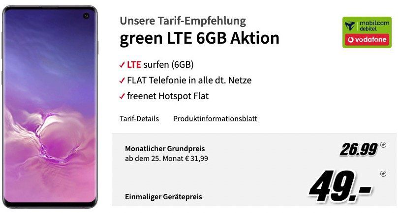 Samsung Galaxy S10 für 49€ + Vodafone Flat mit 6GB LTE für 26,99€ mtl.