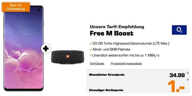 Galaxy S10 + JBL Charge 3 + Galaxy Buds für 1€ + 20GB LTE Max O2 Flat für 34,99€ mtl.