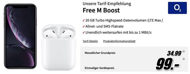 iPhone XR + Apple AirPods für 99€ + o2 Free M mit 20GB LTE für 34,99€ mtl. + Unendlich weitersurfen