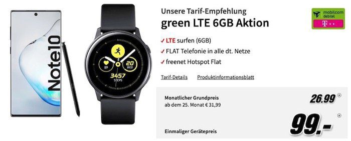 Ausverkauft! Galaxy Note 10 + Watch Active + Buds für 99€ + Telekom AllnetFlat mit 6GB LTE für 26,99€   effektiver Gewinn!