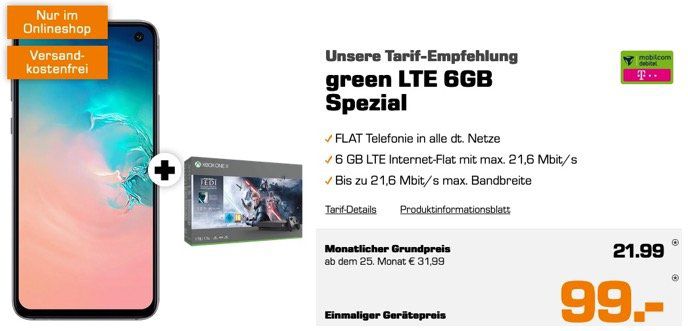 Galaxy S10e + Xbox One X 1TB Star Wars Bundle nur 99€ + Telekom AllNet Flat mit 6GB LTE für 21,99€ mtl.   effektiv Gewinn!