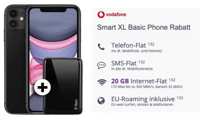 Apple iPhone 11 mit 64GB für 1€ oder 128GB für 99€ + Vodafone Flat mit 20GB  LTE für 41,99€ mtl.