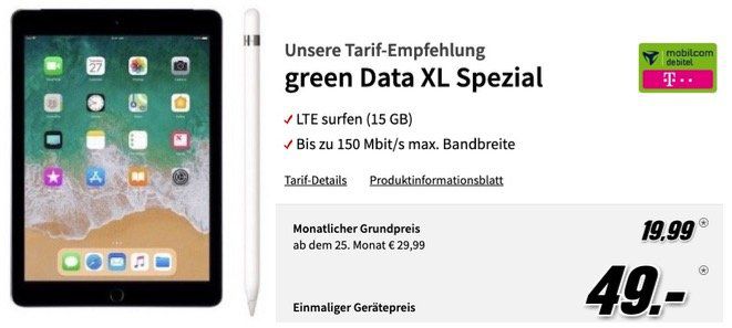 🔥 iPad 2018 LTE mit 32GB + Apple Pencil für 49€ + Telekom 15GB LTE Datenflat für 19,99€ mtl.