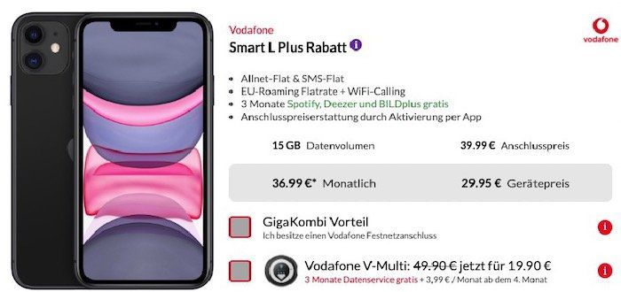 Apple iPhone 11 64GB für 29,95€ (+ 30€ Cashback) + Vodafone Flat mit bis 20GB LTE für 36,99€ mtl.