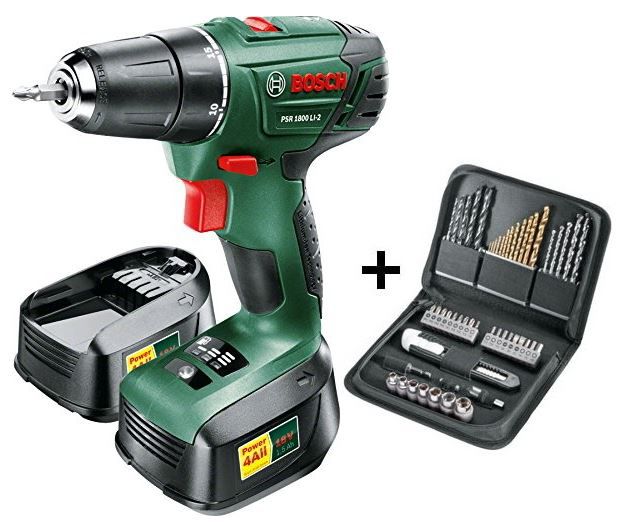 Bosch PSR 1800 LI Akku Bohrschrauber + 2 Akku 1.5 Ah + Zubehör 51 Teile + Koffer für 79,99€ (statt 103€)