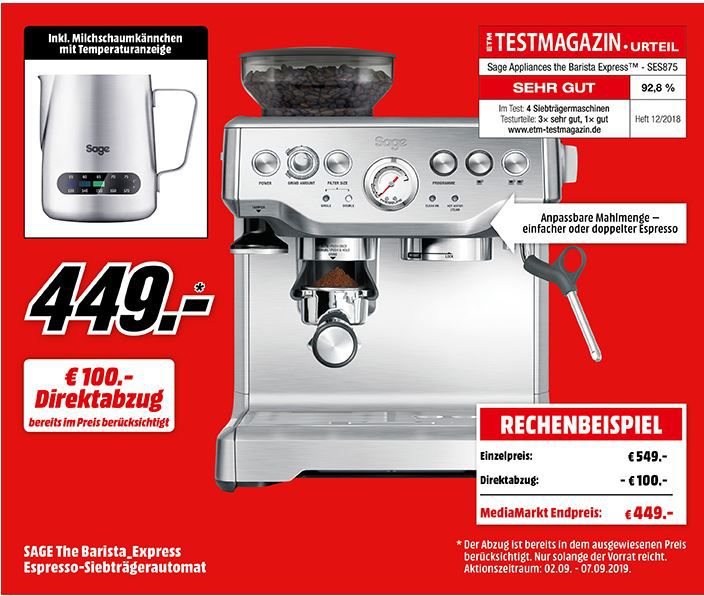 Tipp: Media Markt ab 8 Uhr neue Wochenangebote   z.B. SAGE the Barista Express Espressomaschine für 449€ (statt 504€)