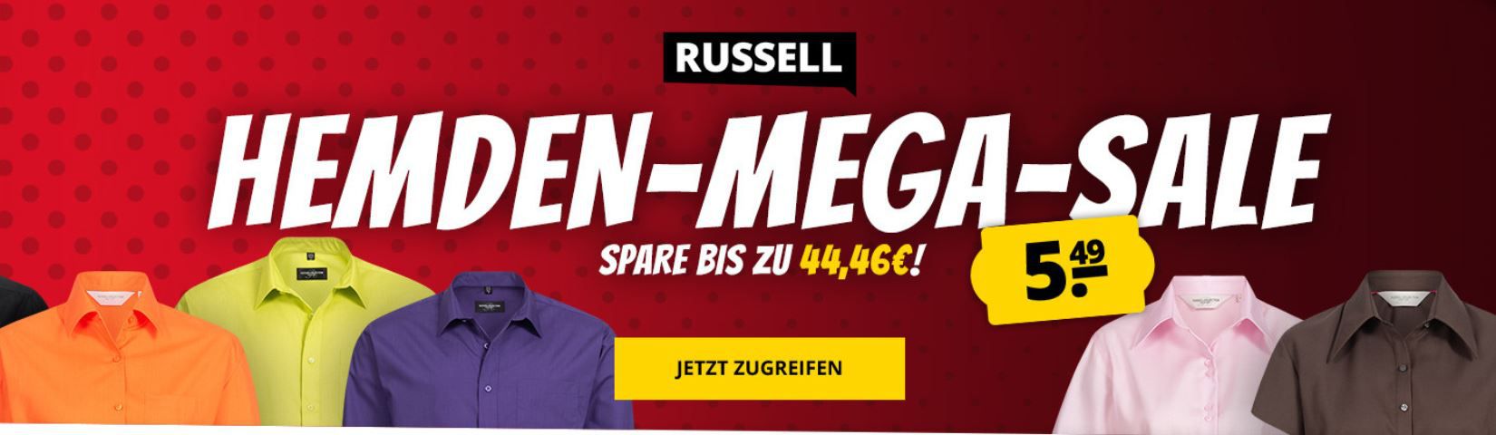 Heute keine VSK: Russell Sale mit vielen Deals   z.B. 5er Pack Herren T Shirts für 9,99€ oder Hemden für 5,49€