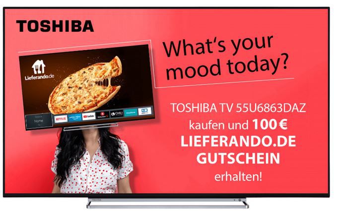 TOSHIBA 55U6863DAZ   55 UltraHD Smart TV für 479€ (statt 449€) + 100€ Lieferando Gutschein