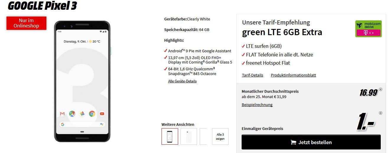 Google Pixel 3 für 1€ + Telekom Flat mit 6GB LTE für eff. 16,99€ mtl.