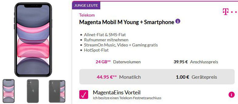 Apple iPhone 11 128GB für 1€ + Telekom Magenta Mobil M Young mit bis zu 24GB LTE ab 44,95€ mtl.