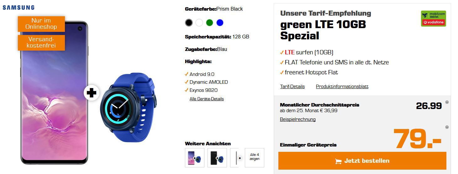 Ausverkauft! Galaxy S10 + Gear Sport Watch für 79€ (statt 734€) + Vodafone Allnet & SMS Flat mit 10GB LTE für 26,99€ mtl.