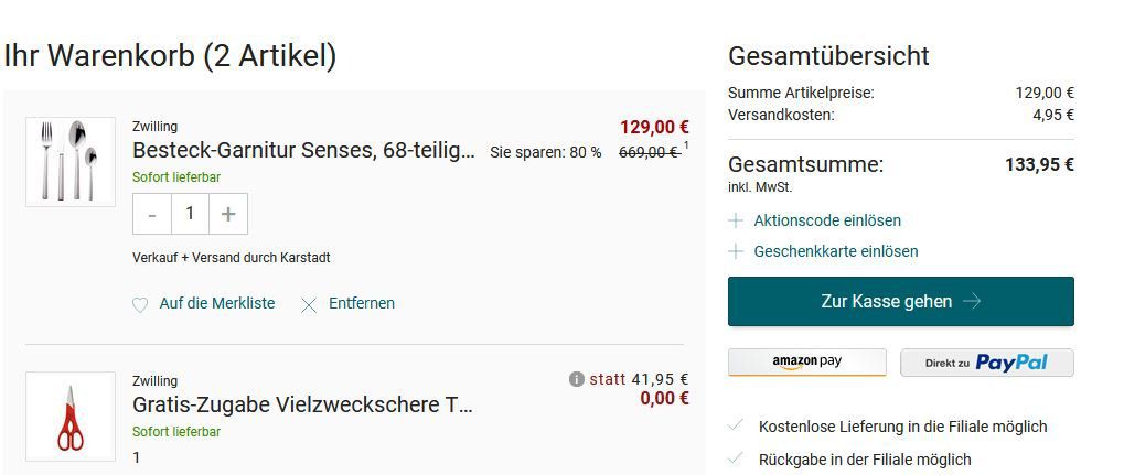 Top! Zwilling Senses   68 teiliges Besteckset + Vielzweckschere TWIN rot für 114,90€ (statt 273€) nur bis Mitternacht