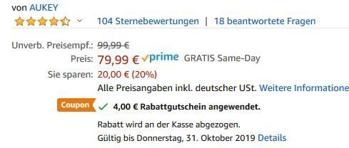 Aukey EP B80   Key Series BT 5.0 InEars mit 8h Spielzeit für 47,99€ (statt 80€)