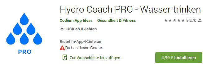 Android: Hydro Coach PRO   Wasser trinken kostenlos (statt 4,99€)