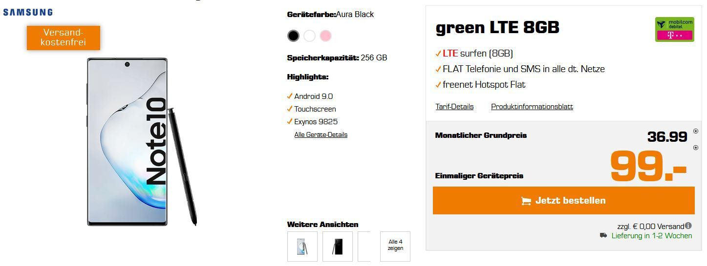 Samsung Galaxy Note 10 für 99€ + Allnet Flat im Telekom Netz mit 8GB LTE für 36,99€ mtl.