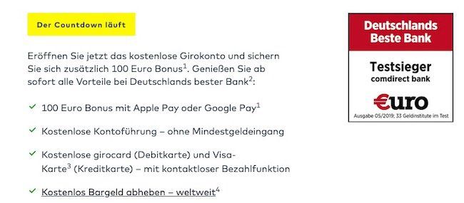 🔥 Comdirect Girokonto (dauerhaft beitragsfrei) mit 100€ Prämie bei 3 Zahlungen über Apple Pay oder Google Pay (ab 0,01€!)